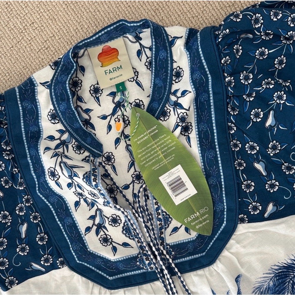 FARM RIO Palm Tree Beach Printed Linen-blend Mini Dress - Picture 4 of 8